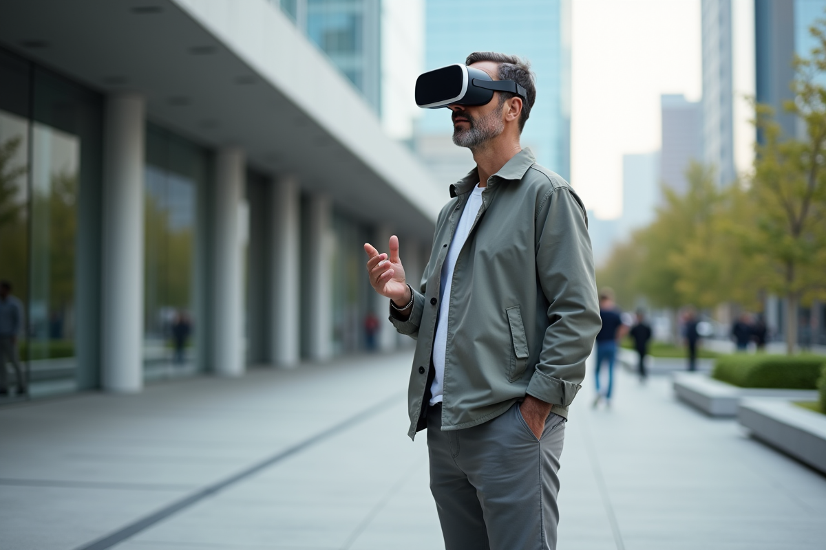Homme avec casque de réalité augmentée en extérieur