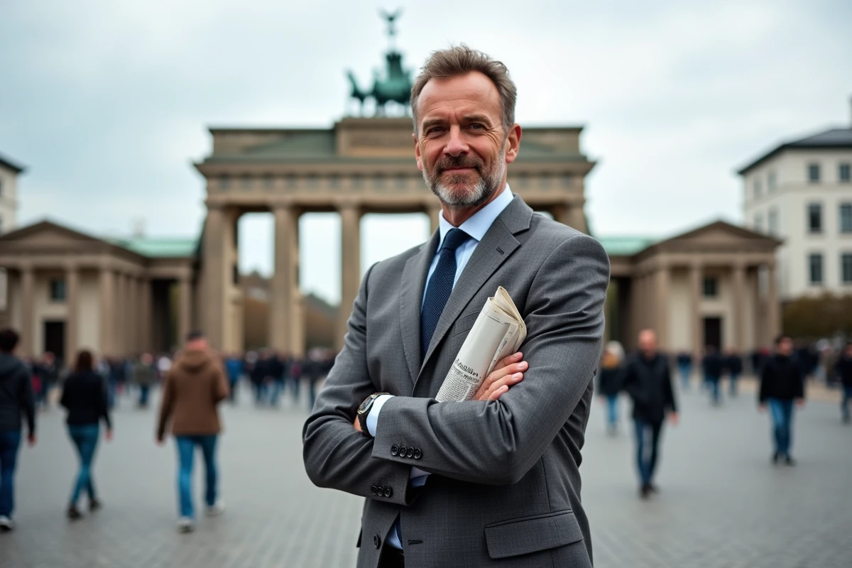 Homme en costume devant la porte de Brandebourg à Berlin