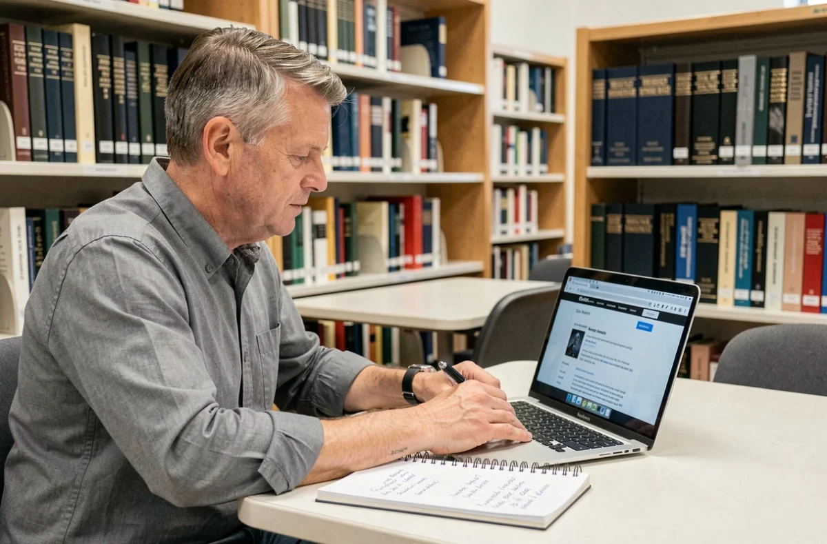 Homme d'âge moyen cherchant des synonymes sur un ordinateur portable dans une bibliothèque publique avec un carnet de notes ouvert