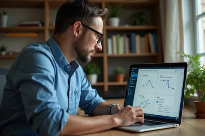 Homme en bureau cosy naviguant sur un tableau technique