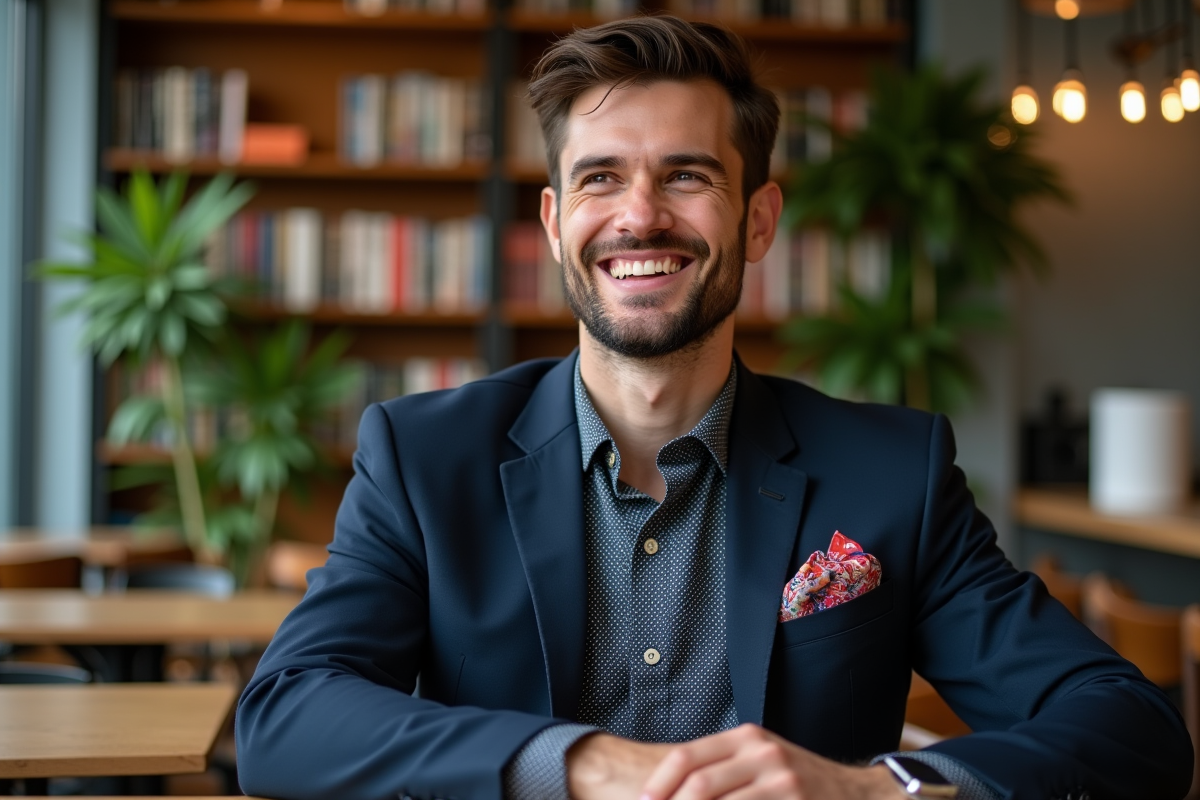 Jeune homme au café en pleine conversation chaleureuse