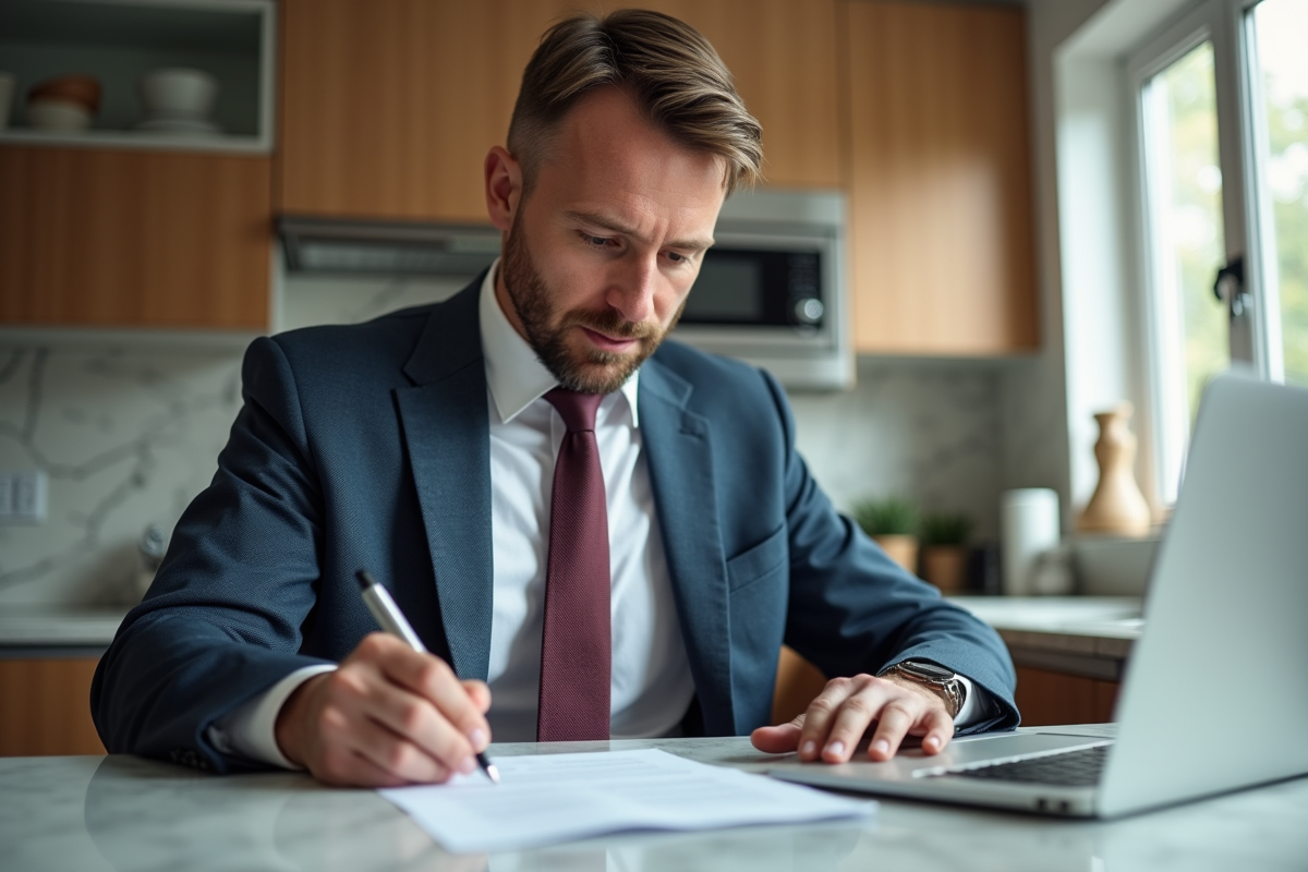 Homme d age en costume examinant un contrat de prêt immobilier