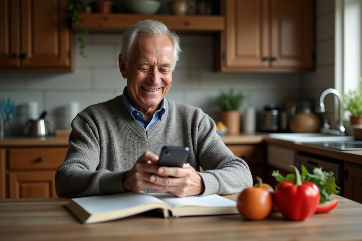 Homme âgé suivant une recette traduite dans la cuisine