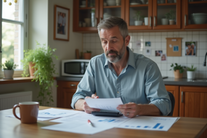 Homme d'âge moyen réfléchissant à ses finances dans la cuisine