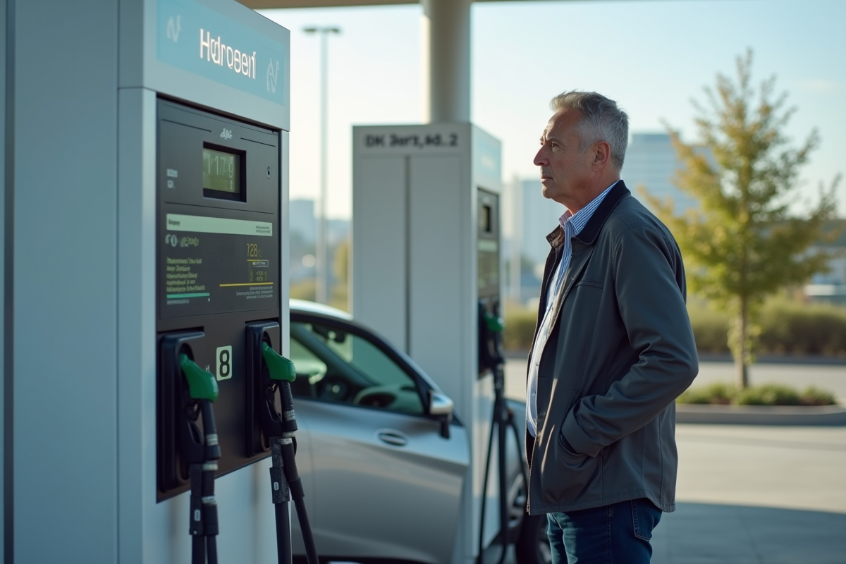 Homme d'âge moyen refuelant sa voiture à une station hydrogène urbaine
