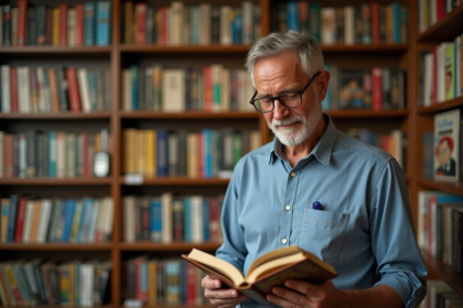 Homme français lisant une bande dessinée dans une bibliothèque