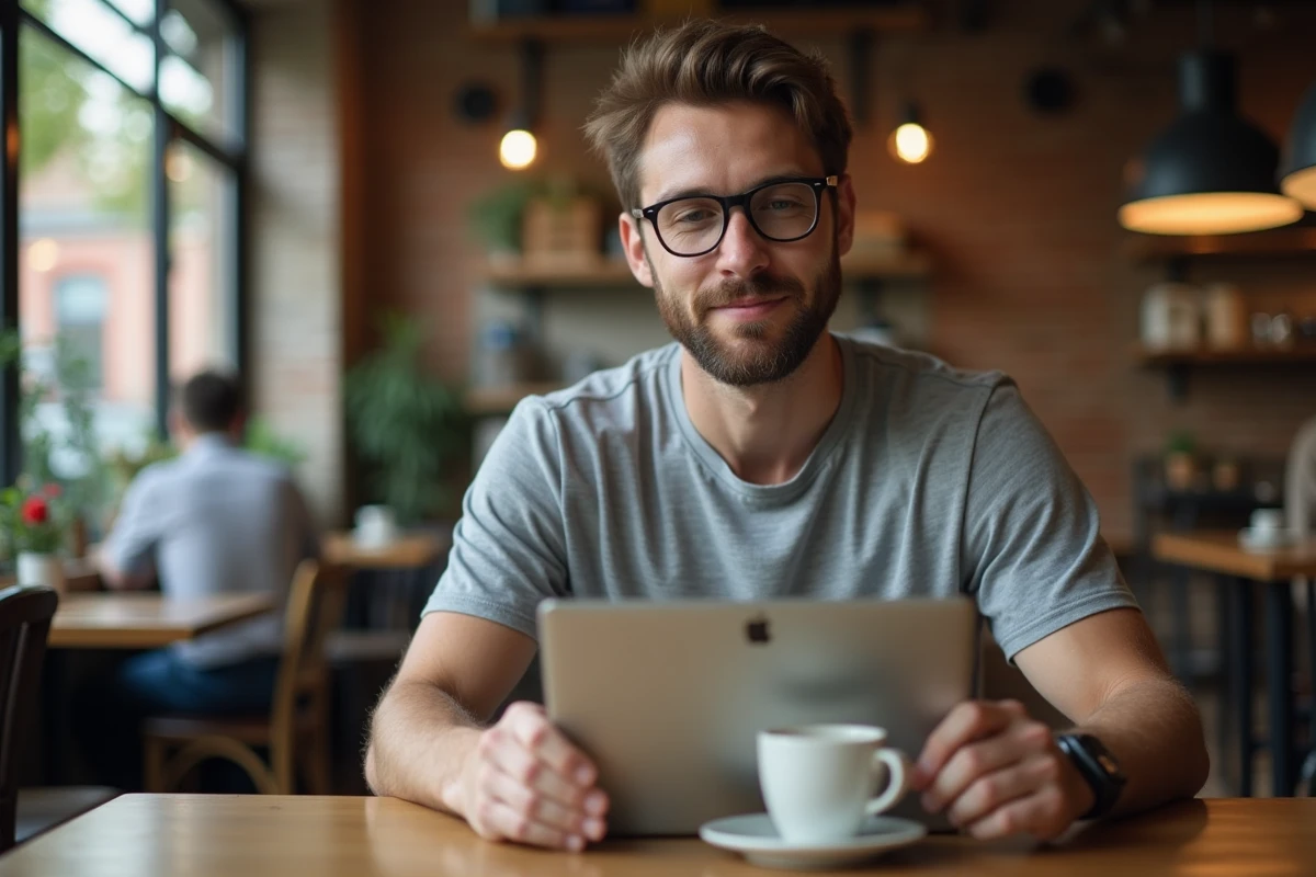 Jeune homme lisant un article sur la grammaire française sur son ordinateur portable dans un café moderne avec des murs en briques apparentes