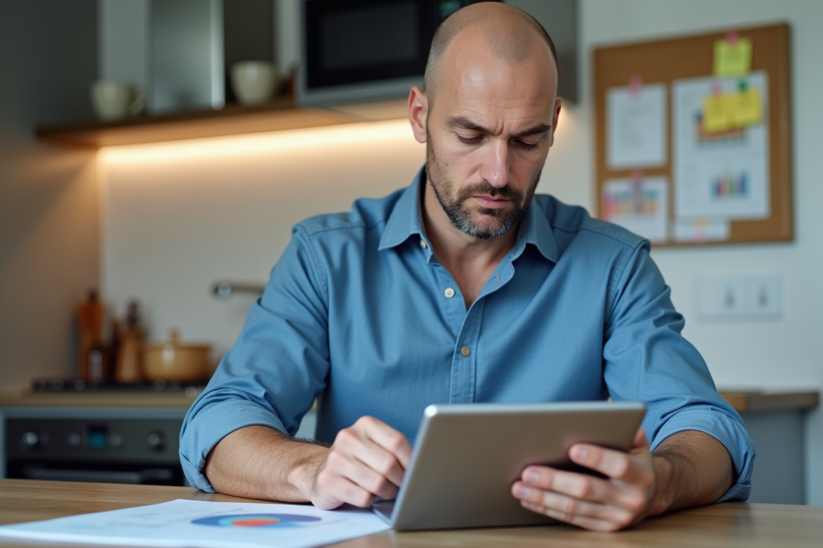 Homme analysant des graphiques dans une cuisine minimaliste