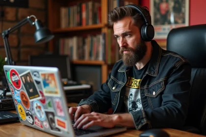 Homme barbu en studio maison avec ordinateur et vinyles
