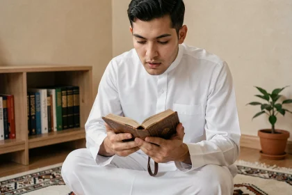 Jeune homme musulman récitant la sourate Al-Kursi assis sur un tapis de prière avec un Coran ouvert