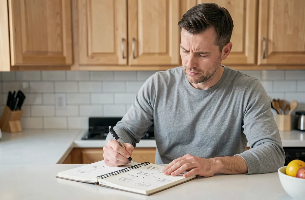 Homme prenant des notes sur des indices sémantiques et associations de mots pour résoudre Cémantix