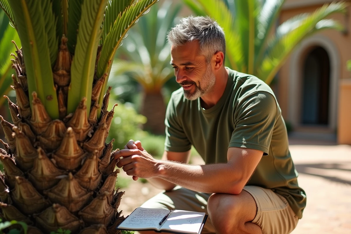 Homme examinant une palme en extérieur dans un jardin méditerranéen avec un carnet de notes