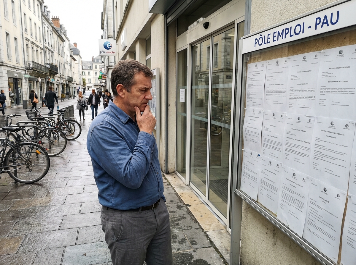 Homme regardant panneau d offres d emploi dans la ville de Pau