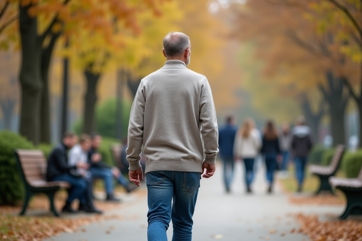 Homme marchant dans un parc en automne