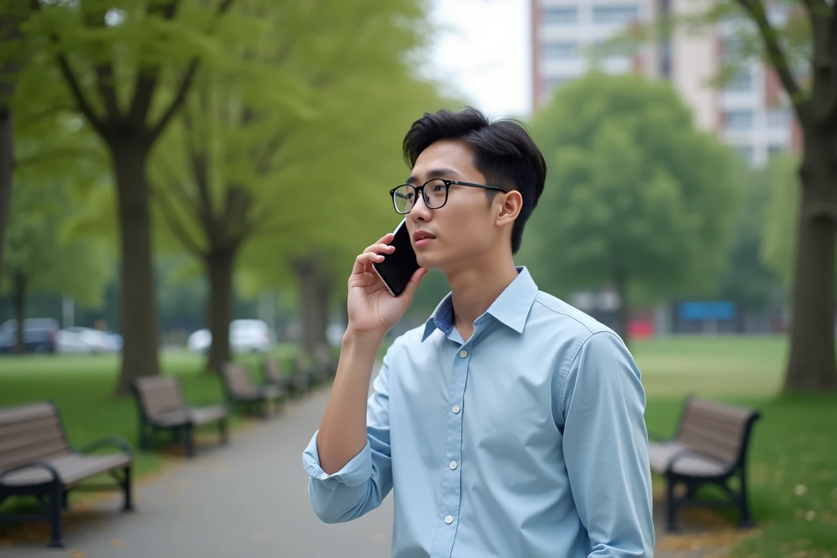Jeune homme parlant au téléphone dans un parc urbain