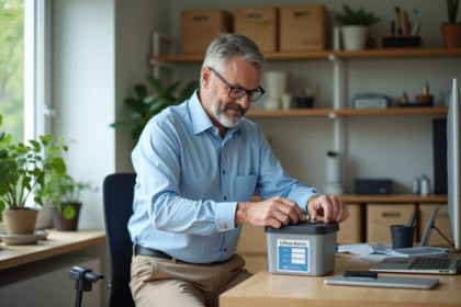 Homme d'âge moyen plaçant une batterie lithium dans un conteneur