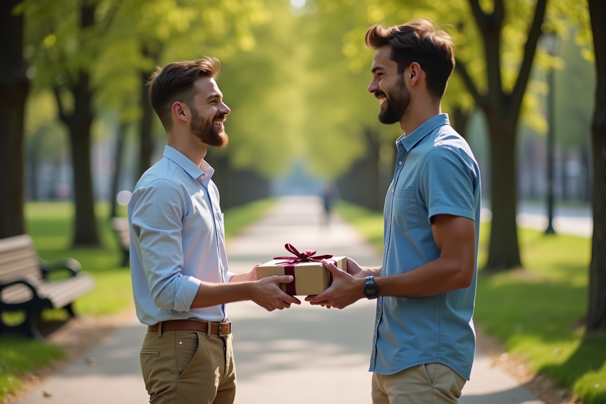 Homme offrant un cadeau à son ami dans un parc urbain