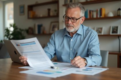 Homme d'âge moyen examinant des papiers d'évaluation immobilière