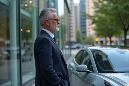 Homme d'affaires en costume regardant une voiture électrique
