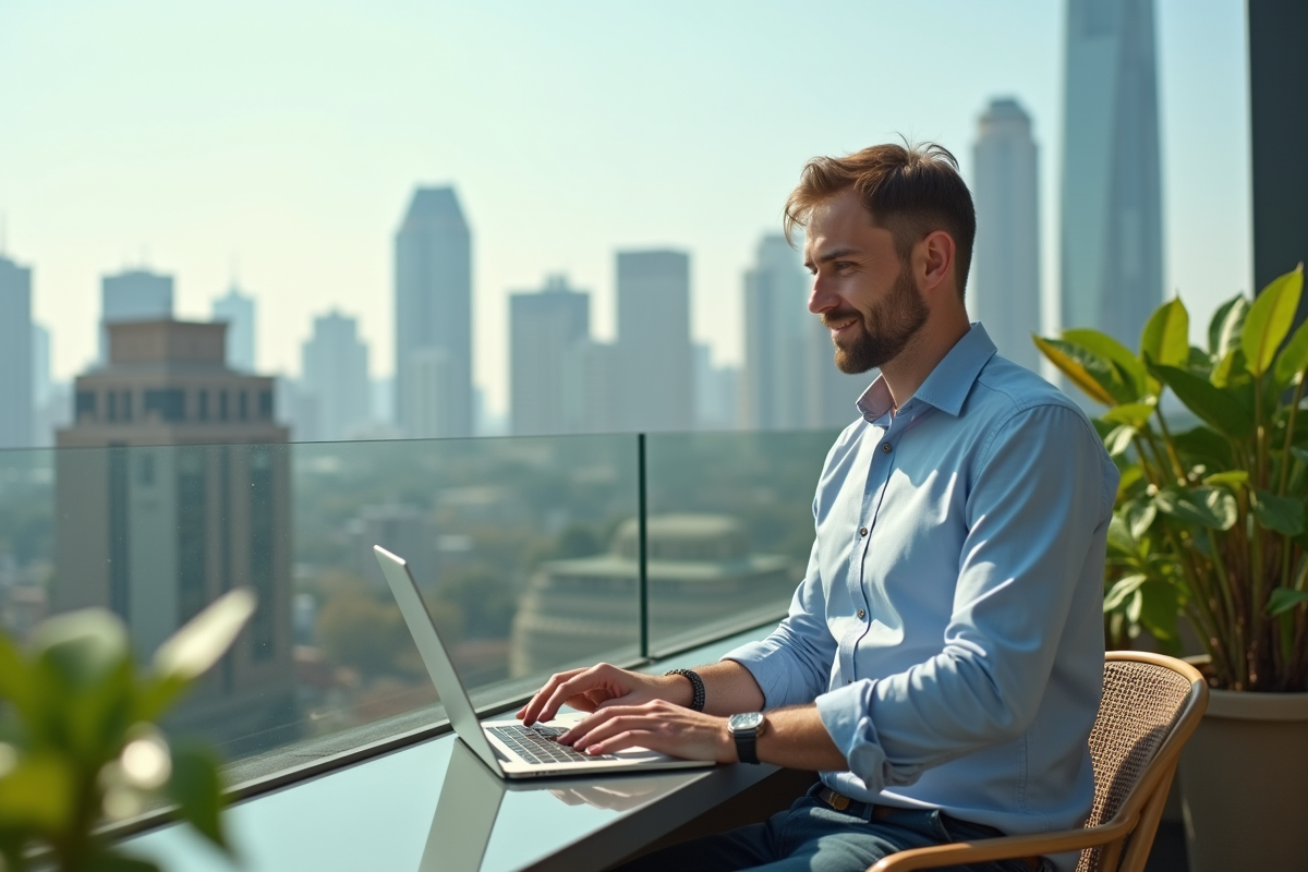Homme travaillant avec technologie futuriste sur un toit en ville