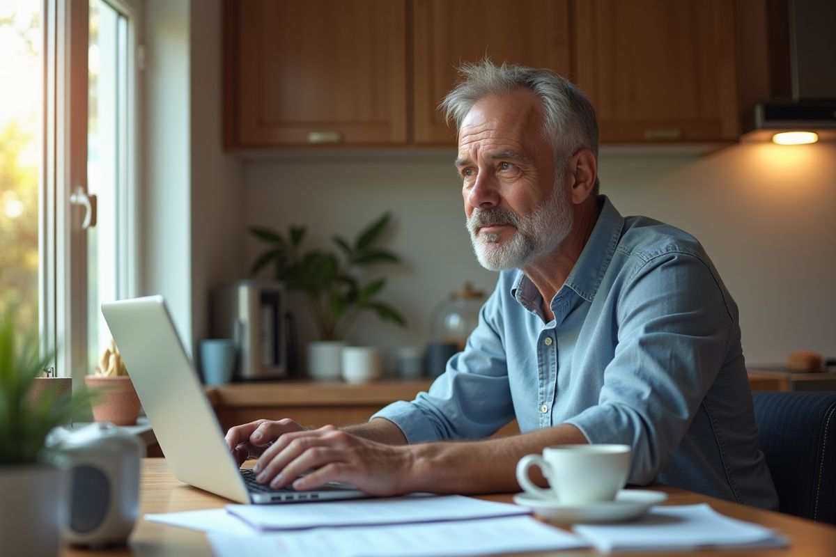 Homme au travail à la maison avec café et papiers