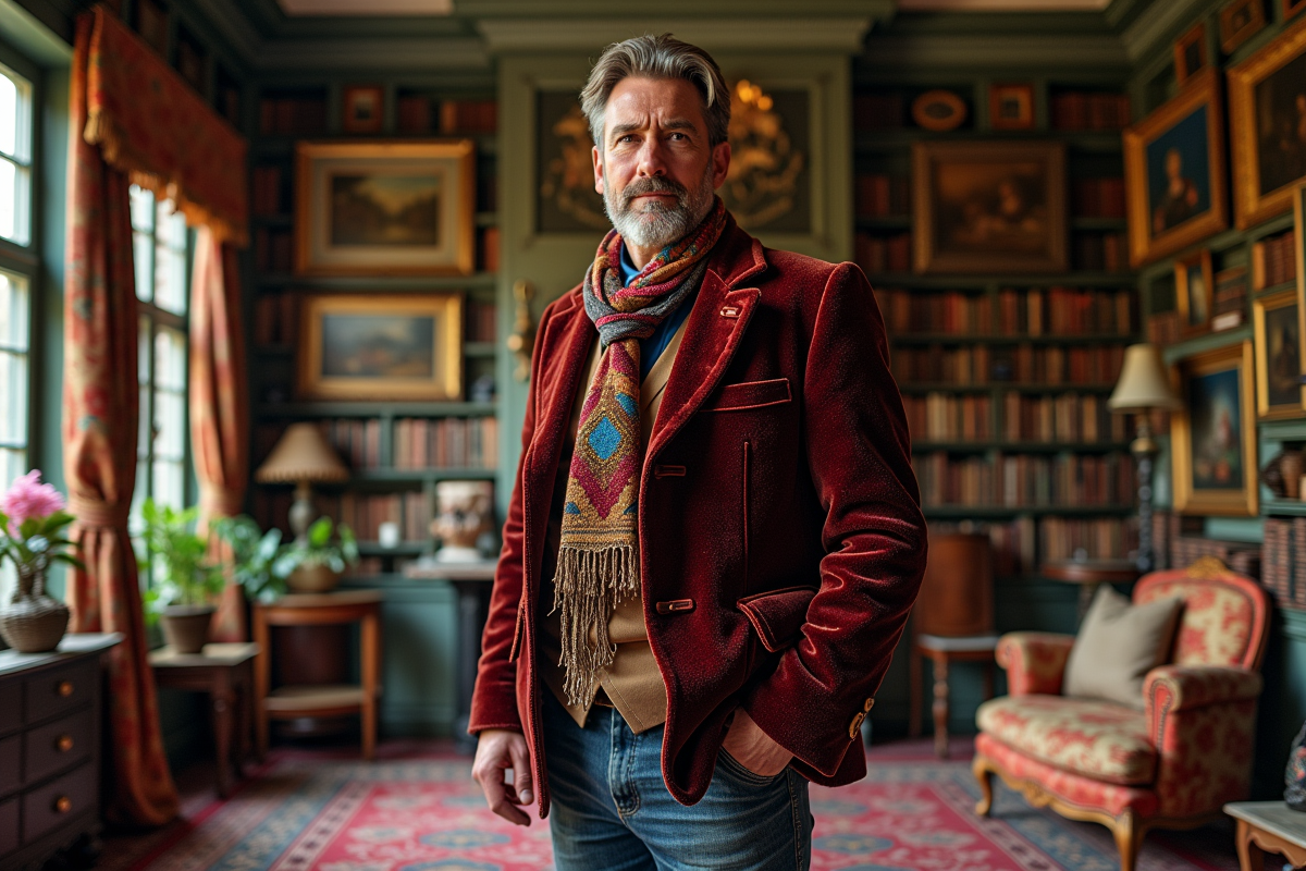 Homme en veste en velours colorée dans un salon chargé
