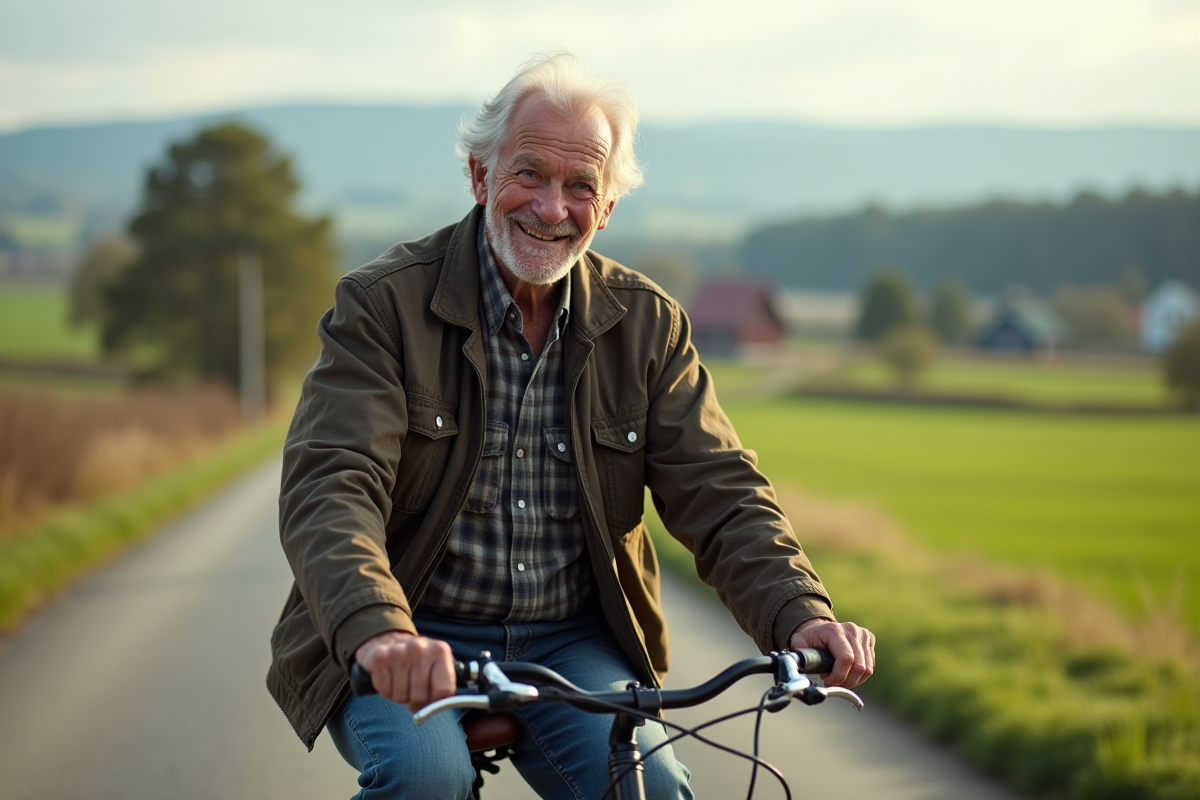 Homme âgé roulant à vélo dans la campagne paisible
