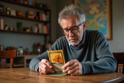 Homme d'âge moyen examinant une carte Dracaufeu vintage