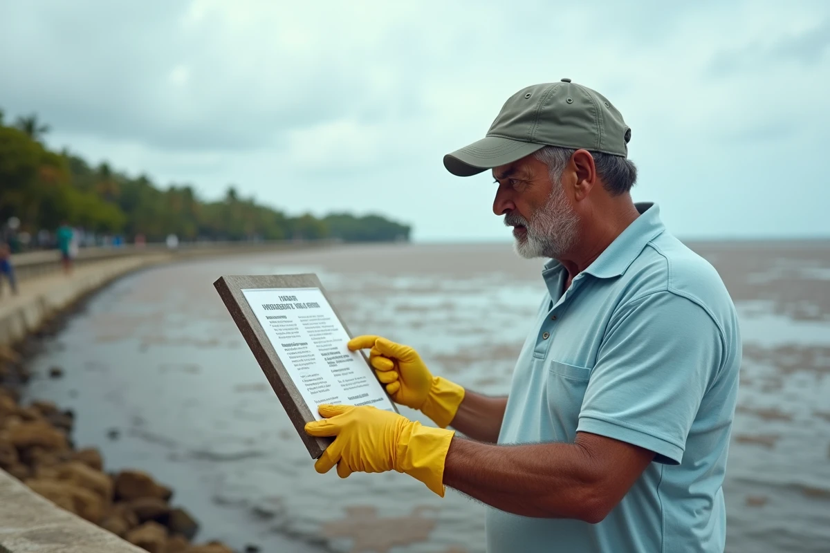 Homme lisant un panneau d'information sur les sargasses au bord de mer en Guadeloupe