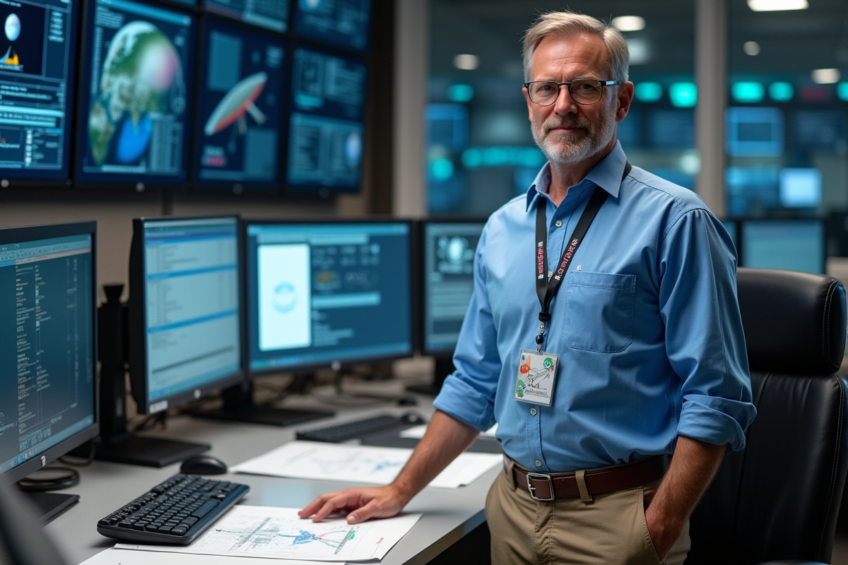 Ingénieur NASA homme en tenue de travail dans un centre spatial