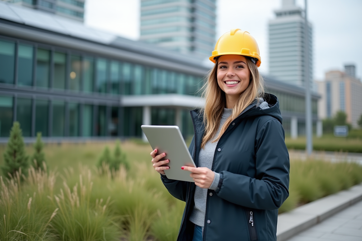 Jeune femme ingenieure devant un batiment moderne