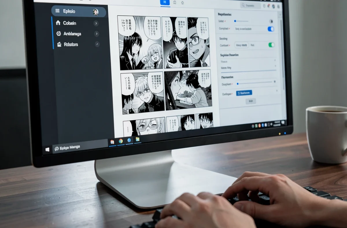 Écran d'ordinateur affichant un manga en noir et blanc avec le panneau de réglages Epsilon Manga ouvert pour optimiser la lisibilité
