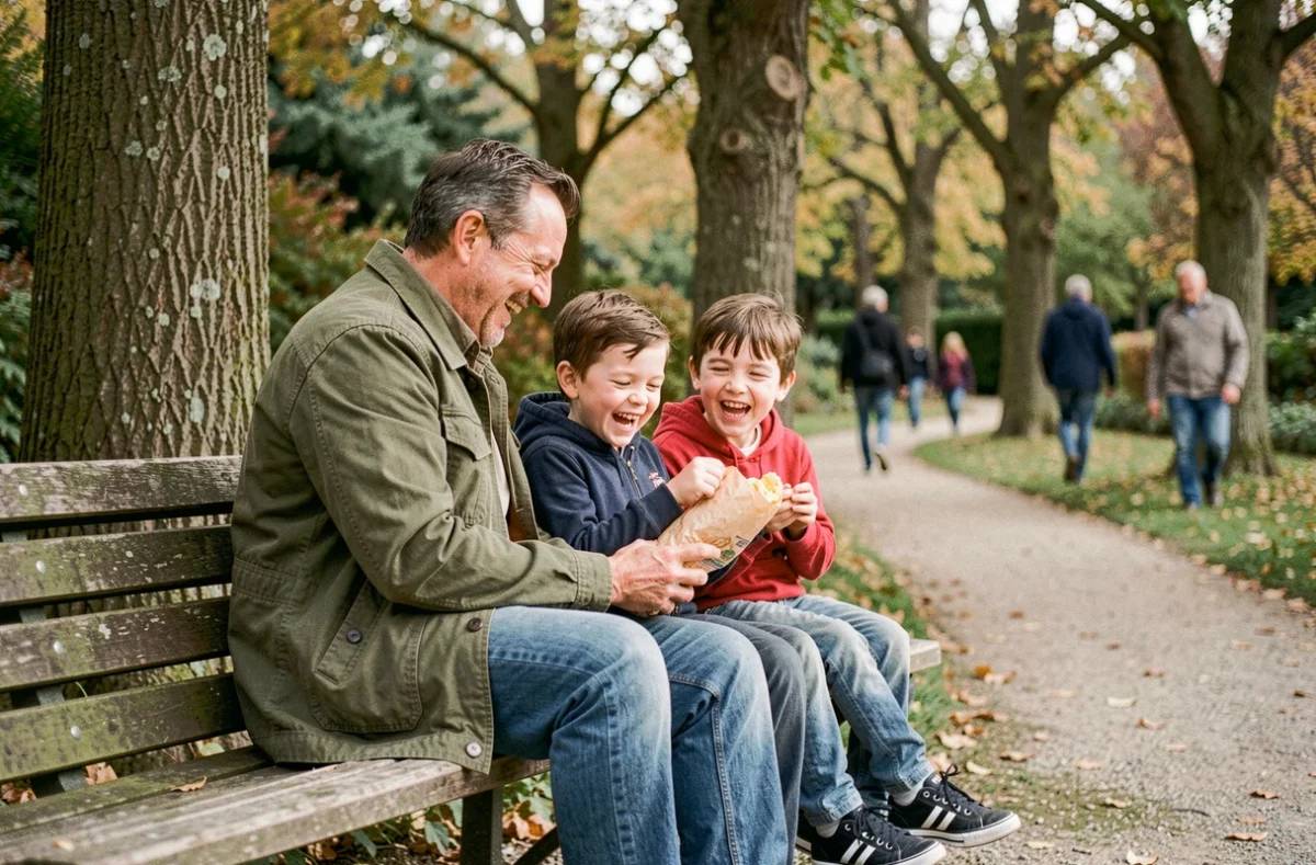 Père et enfants partageant un goûter sur un banc dans le Jardin des Plantes de Toulouse