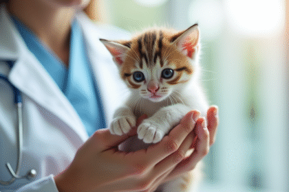 Chaton tenu par un veterinaire en blanc pour l article