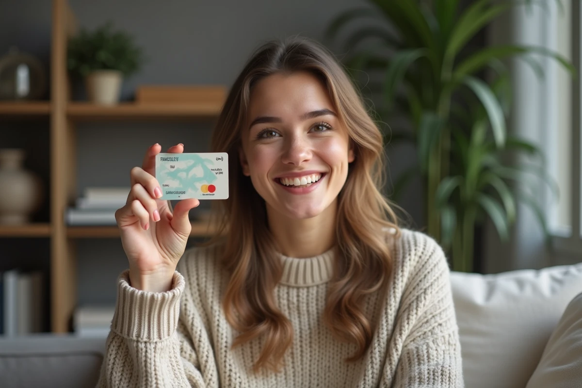 Jeune femme tenant une carte Dracaufeu dans un salon moderne