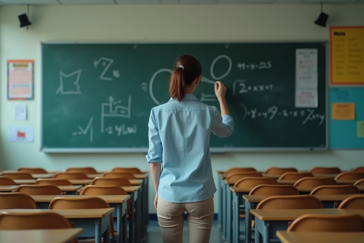 Jeune femme dessinant un cercle sur un tableau noir en classe