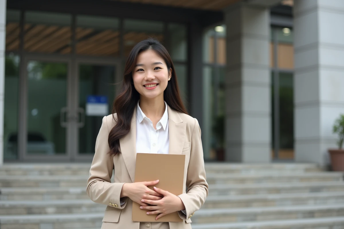 Jeune femme avec dossier devant un bâtiment public