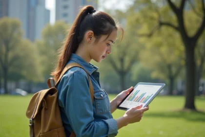 Jeune femme en denim avec sac écologique dans un parc urbain
