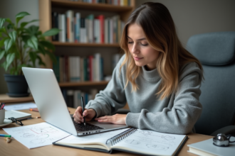 Jeune femme française travaillant à son bureau avec notes et livres