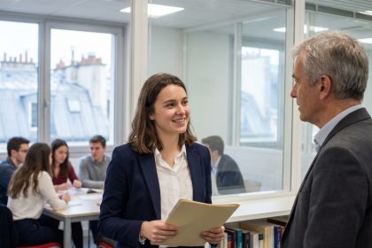 Jeune femme en blazer navy avec mentor dans une salle moderne
