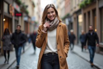 Jeune femme élégante ajustant son foulard en ville