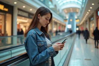 Jeune femme en denim et rayures près d'un escalator à Montparnasse