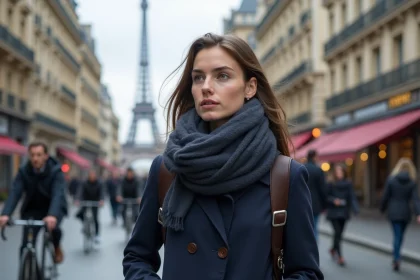Jeune femme parisienne en trench bleu sur un boulevard