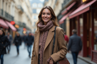 Jeune femme élégante dans une rue parisienne chic