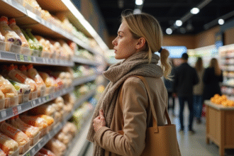 Jeune femme scandinave surprise en supermarche nordic