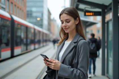 Jeune femme checkant son smartphone près d'un tram urbain
