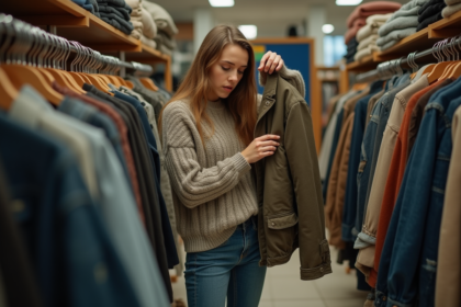 Jeune femme inspectant une veste vintage en friperie