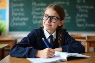 Jeune fille en uniforme scolaire écrivant dans un cahier