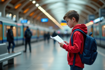 Garçon de 13 ans avec sac à dos et hoodie rouge à la gare