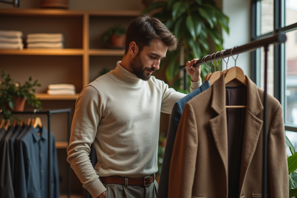Jeune homme en boutique regardant un vêtement